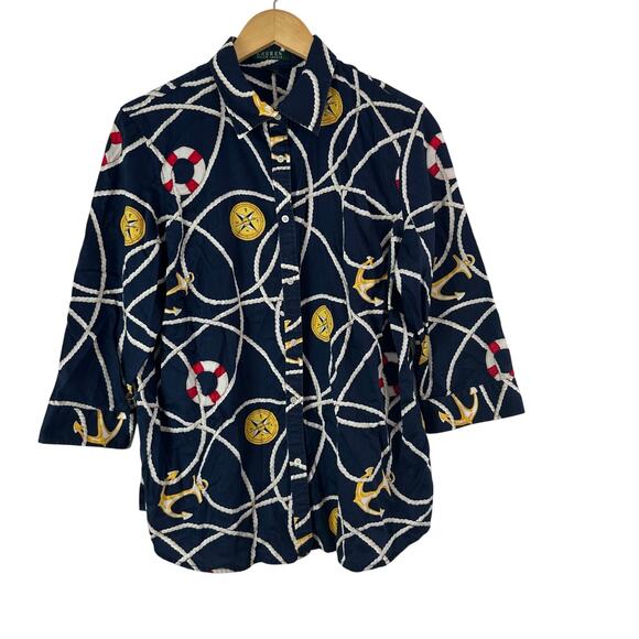 Vintage Lauren Ralph‎ Lauren Womens 1X Shirt Nautical Sailor Anchor Compass Blue - Picture 1 of 7